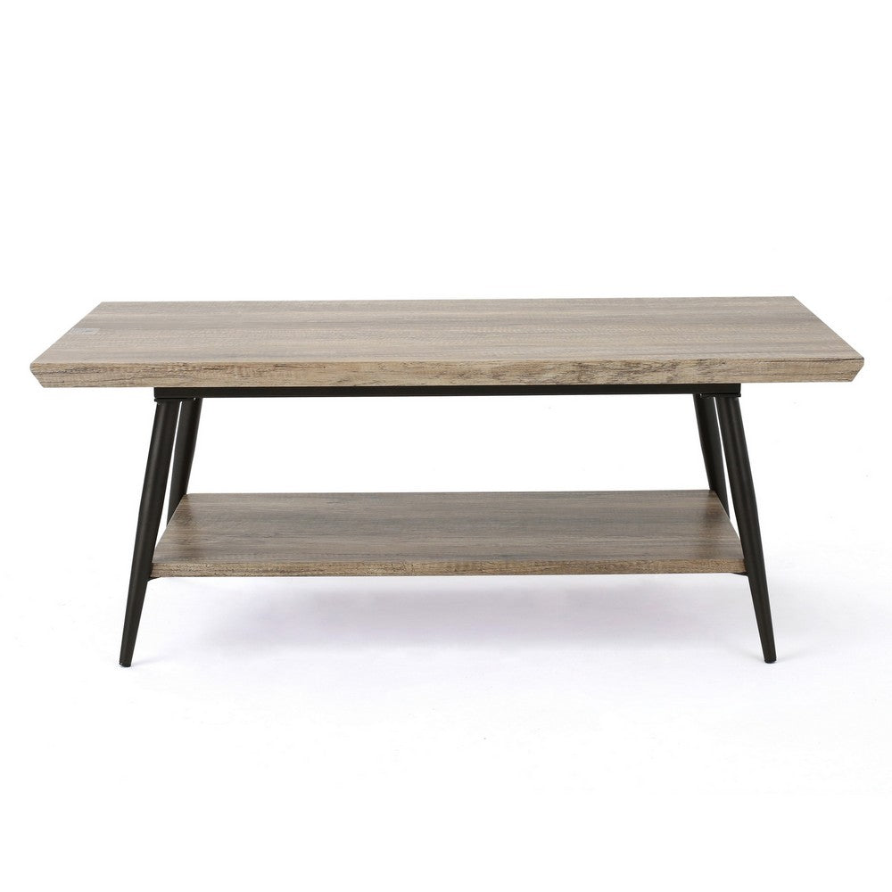 Benjara Coffee Table, 43 Inch Top, Black Metal Legs, Taupe Gray Wood Finish