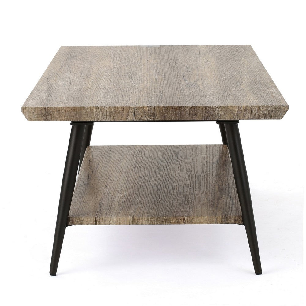 Benjara Coffee Table, 43 Inch Top, Black Metal Legs, Taupe Gray Wood Finish