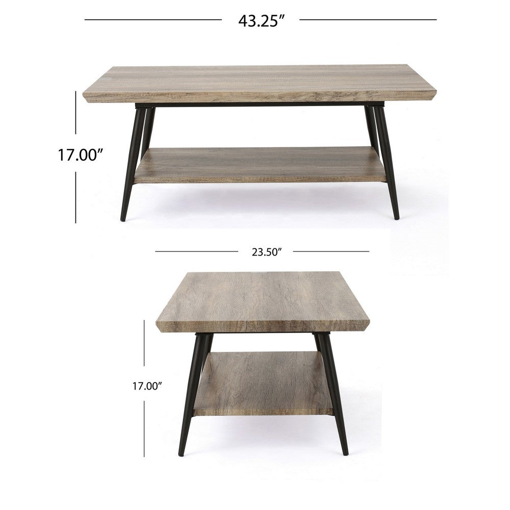 Benjara Coffee Table, 43 Inch Top, Black Metal Legs, Taupe Gray Wood Finish