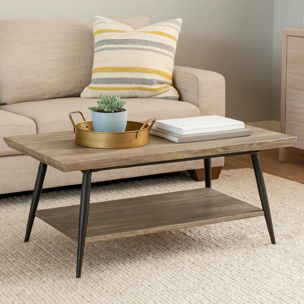Benjara Coffee Table, 43 Inch Top, Black Metal Legs, Taupe Gray Wood Finish