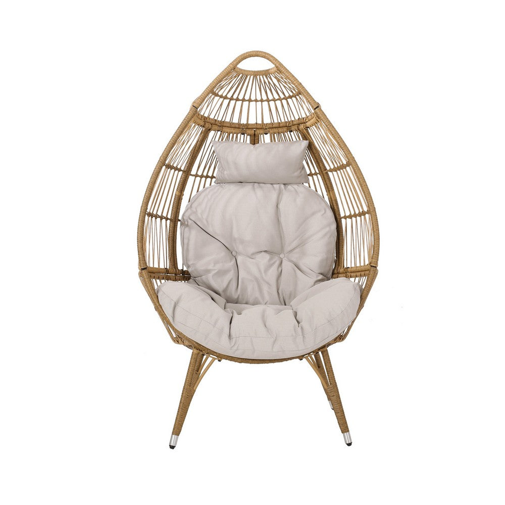 Benjara Outdoor Accent Chair, Teardrop Cocoon w Beige Pillow, Brown PE Rattan