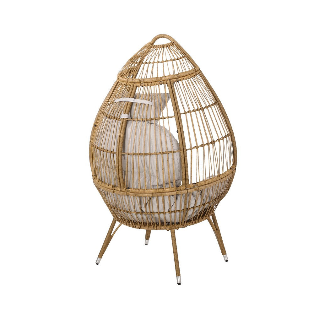 Benjara Outdoor Accent Chair, Teardrop Cocoon w Beige Pillow, Brown PE Rattan