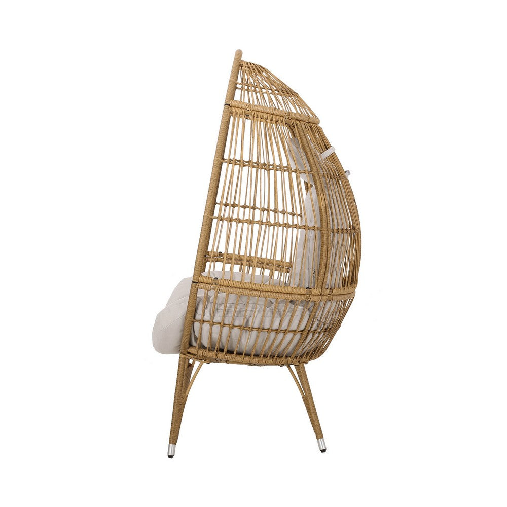 Benjara Outdoor Accent Chair, Teardrop Cocoon w Beige Pillow, Brown PE Rattan