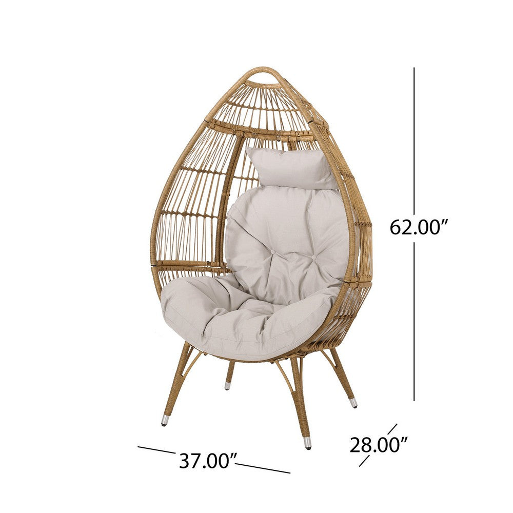 Benjara Outdoor Accent Chair, Teardrop Cocoon w Beige Pillow, Brown PE Rattan