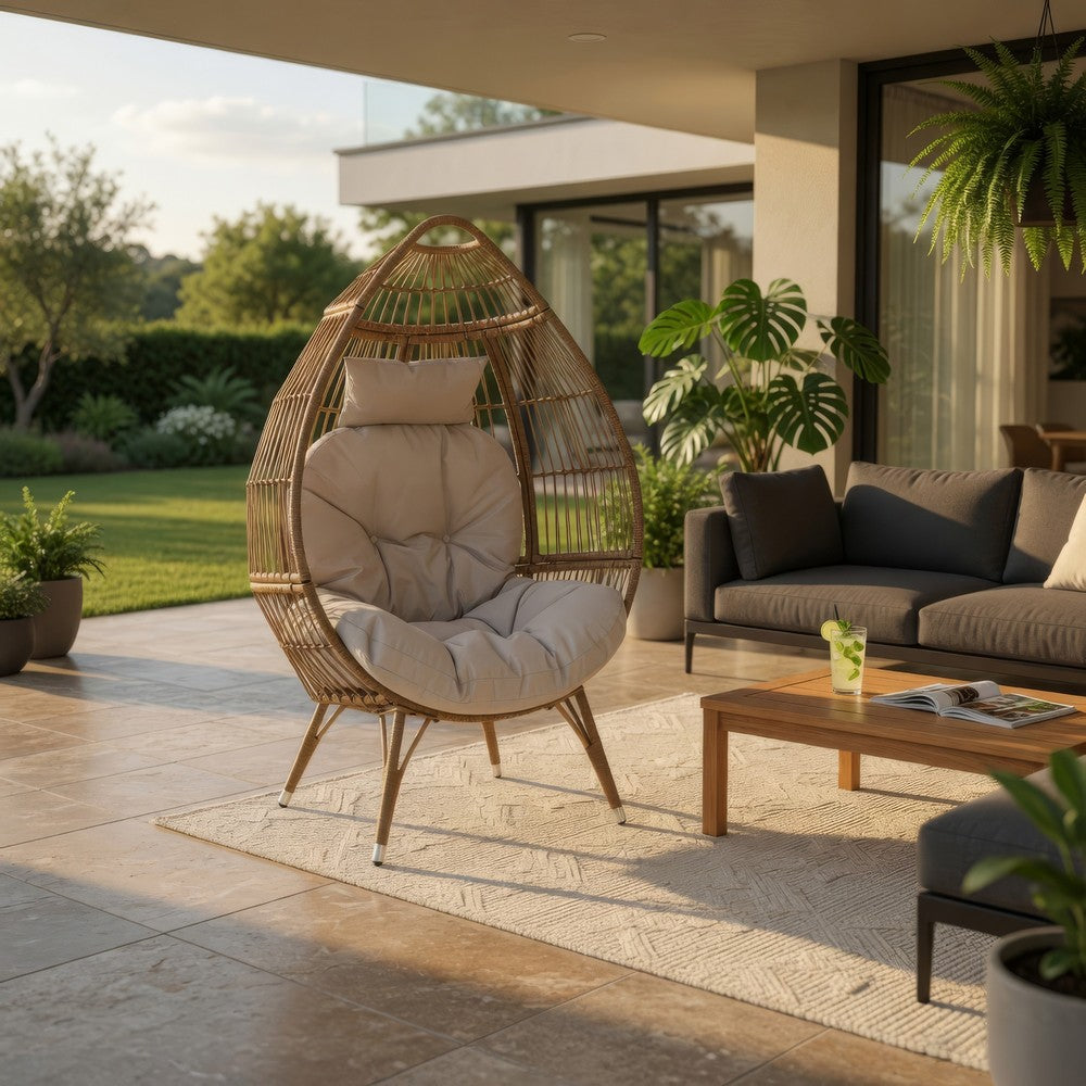 Benjara Outdoor Accent Chair, Teardrop Cocoon w Beige Pillow, Brown PE Rattan