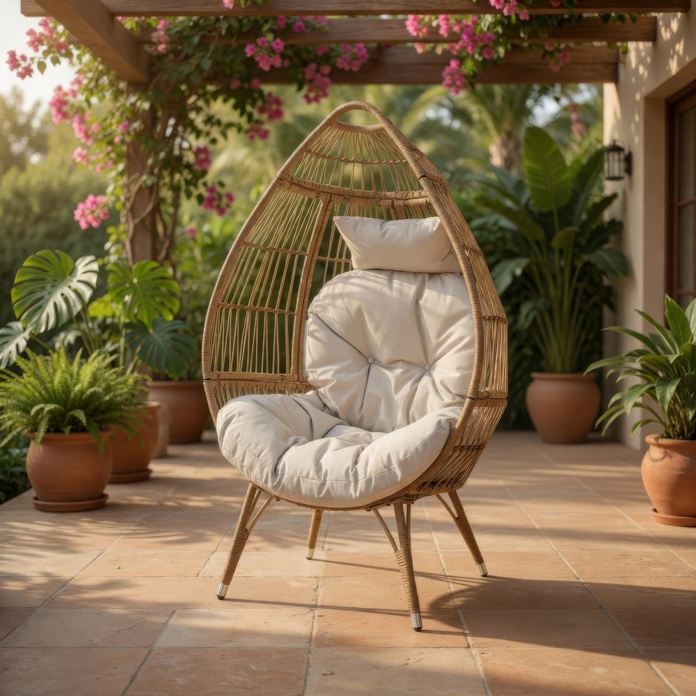 Benjara Outdoor Accent Chair, Teardrop Cocoon w Beige Pillow, Brown PE Rattan