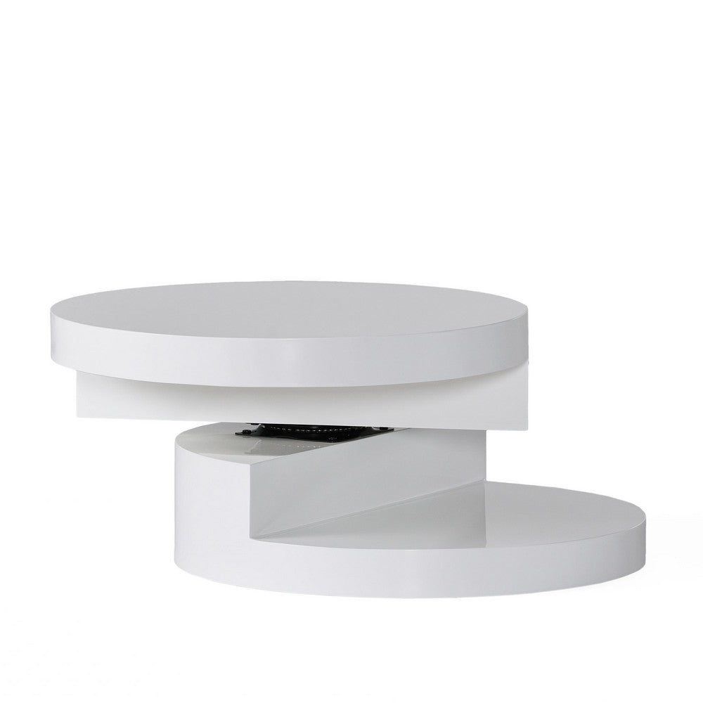 Benjara Coffee Table, Open Shelf, Rotating 24 Inch Modern Round White Top