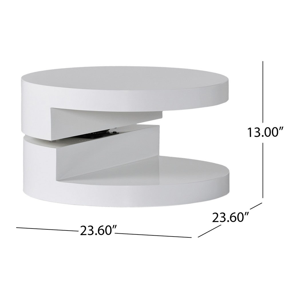 Benjara Coffee Table, Open Shelf, Rotating 24 Inch Modern Round White Top