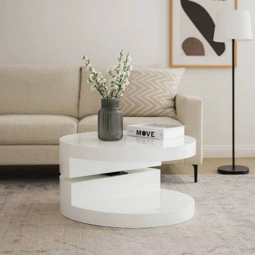 Benjara Coffee Table, Open Shelf, Rotating 24 Inch Modern Round White Top