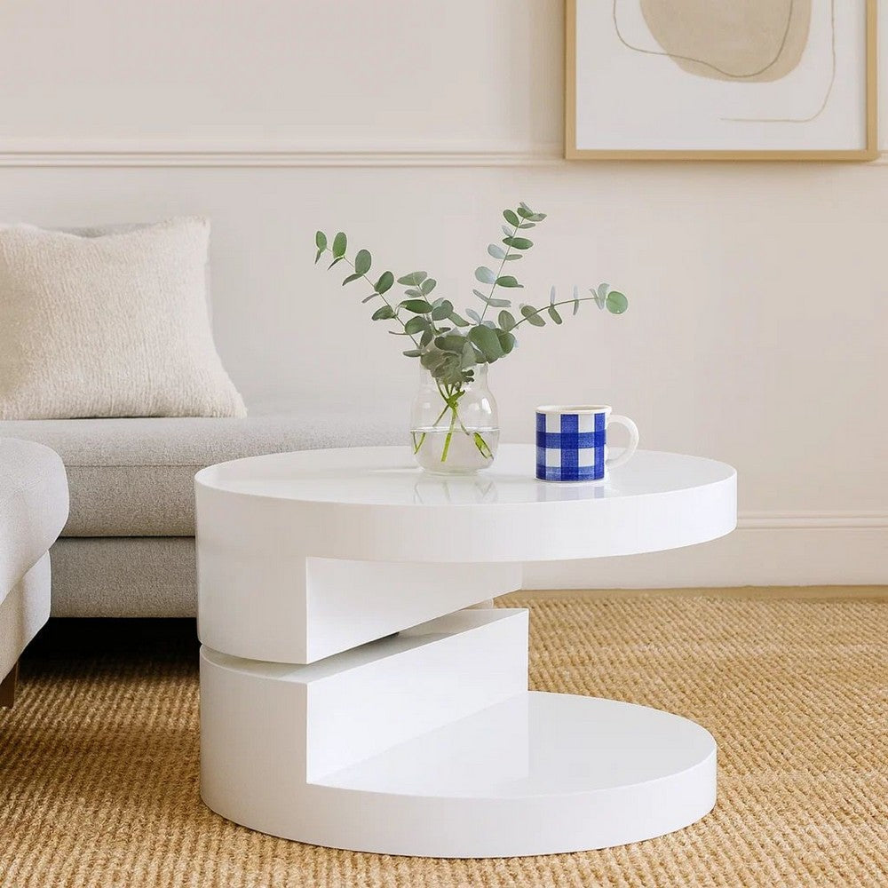 Benjara Coffee Table, Open Shelf, Rotating 24 Inch Modern Round White Top