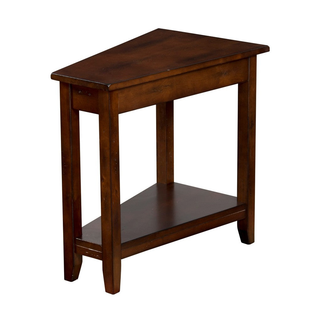 Benjara Odel Chairside Table with Shelf, 24 Inch Angled Dark Brown Mahogany