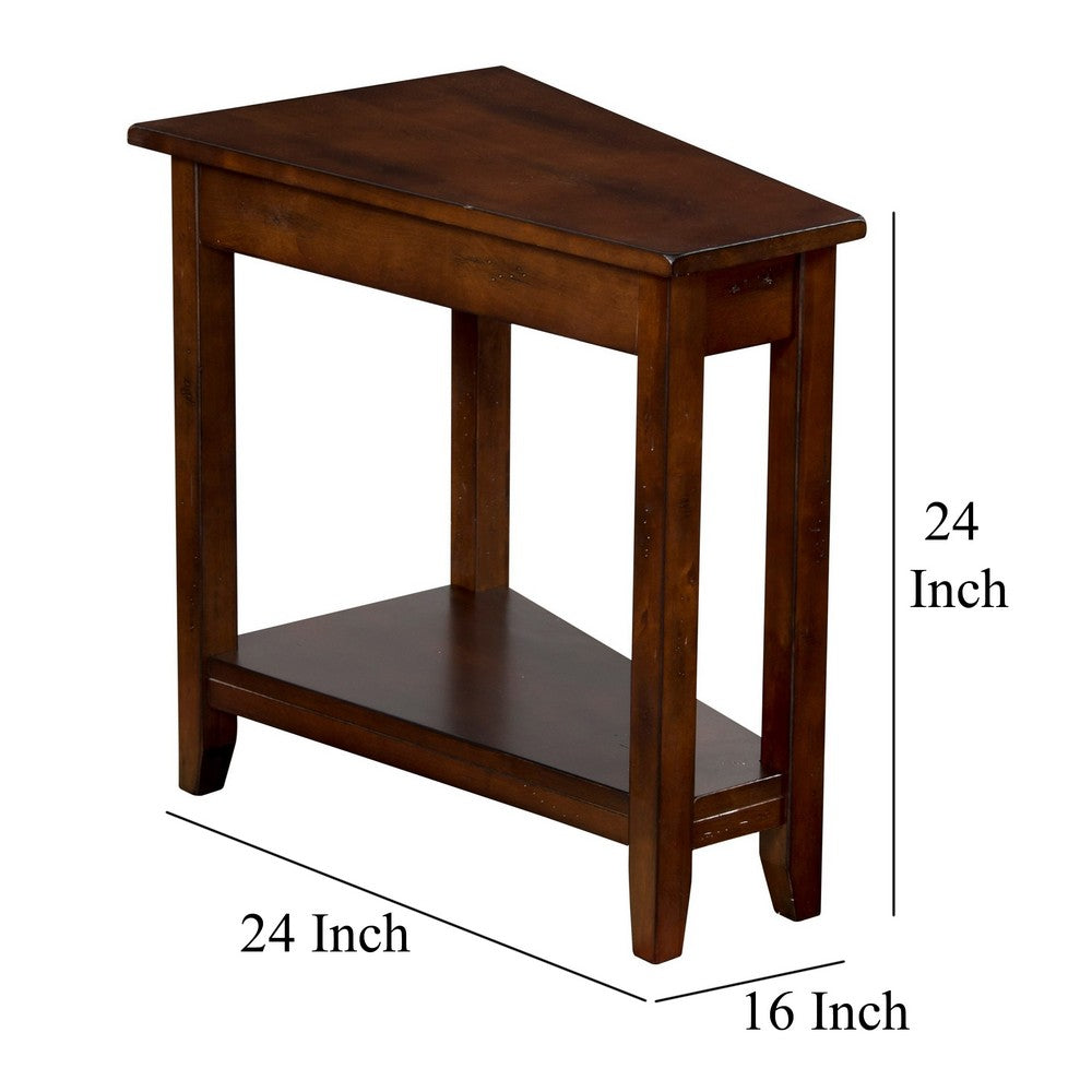 Benjara Odel Chairside Table with Shelf, 24 Inch Angled Dark Brown Mahogany