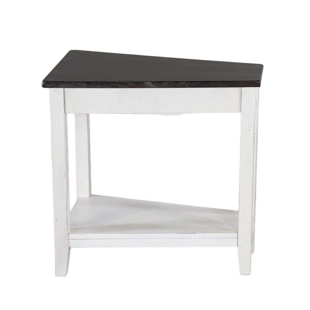 Benjara Orso Chairside Table, Shelf, 24 Inch Angled Brown Top, White Mahogany