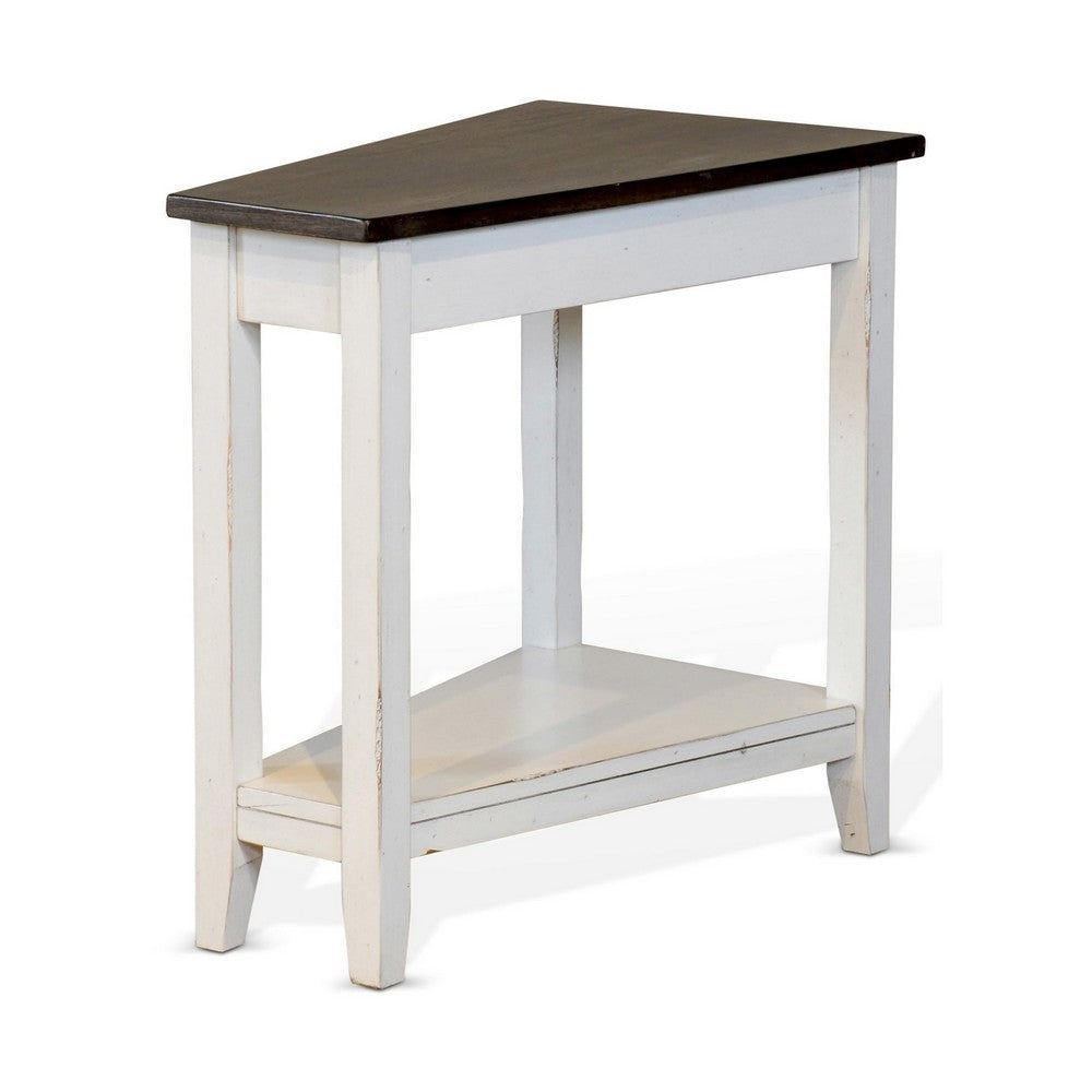Benjara Orso Chairside Table, Shelf, 24 Inch Angled Brown Top, White Mahogany
