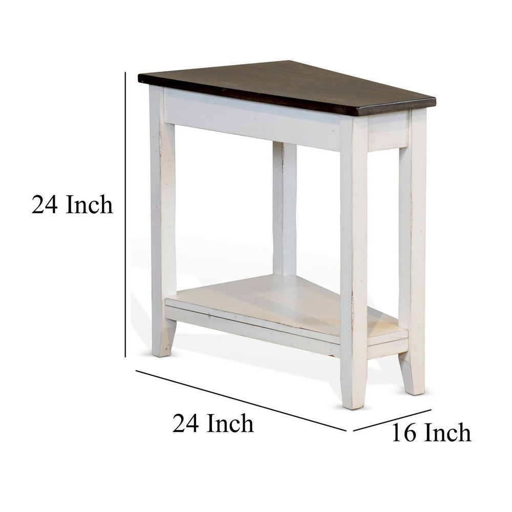Benjara Orso Chairside Table, Shelf, 24 Inch Angled Brown Top, White Mahogany
