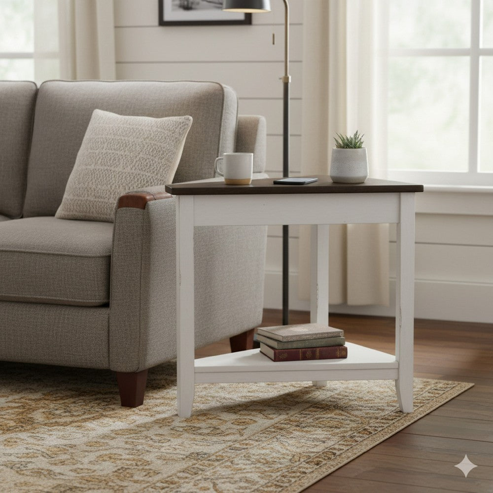 Benjara Orso Chairside Table, Shelf, 24 Inch Angled Brown Top, White Mahogany