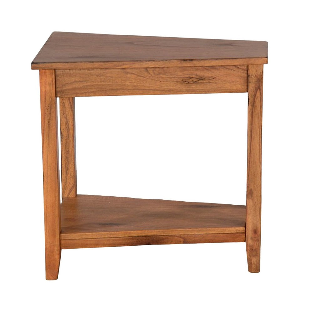 Benjara Marv Chairside Table, Shelf, 24 Inch Angled Oak Brown Mahogany Wood