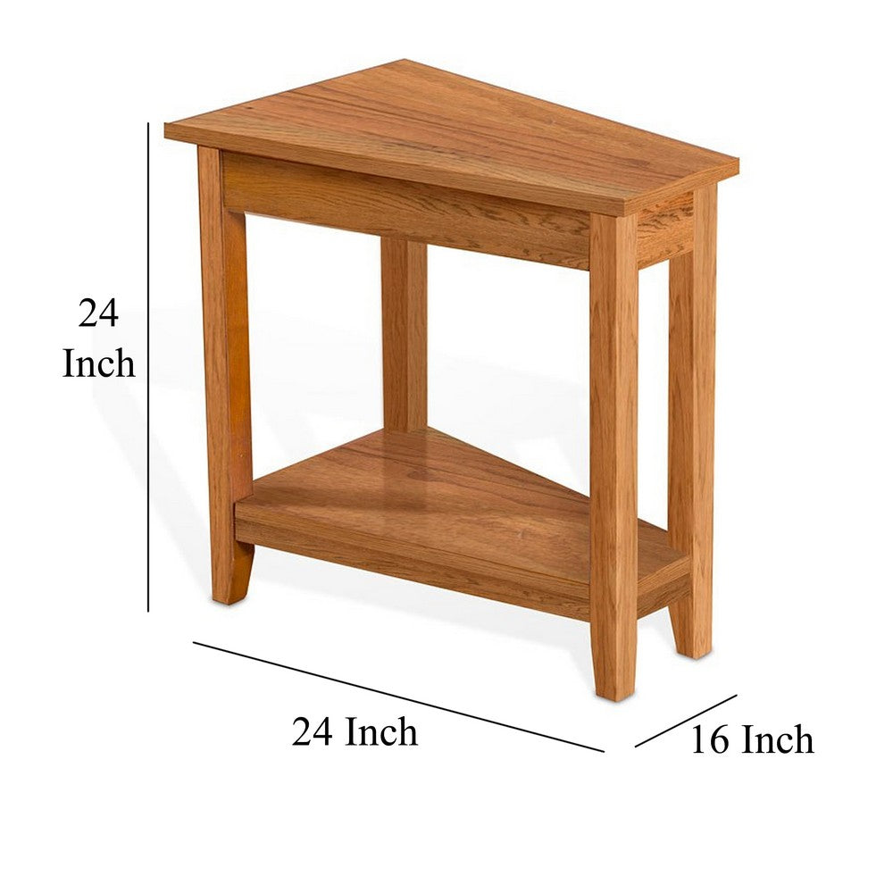 Benjara Marv Chairside Table, Shelf, 24 Inch Angled Oak Brown Mahogany Wood