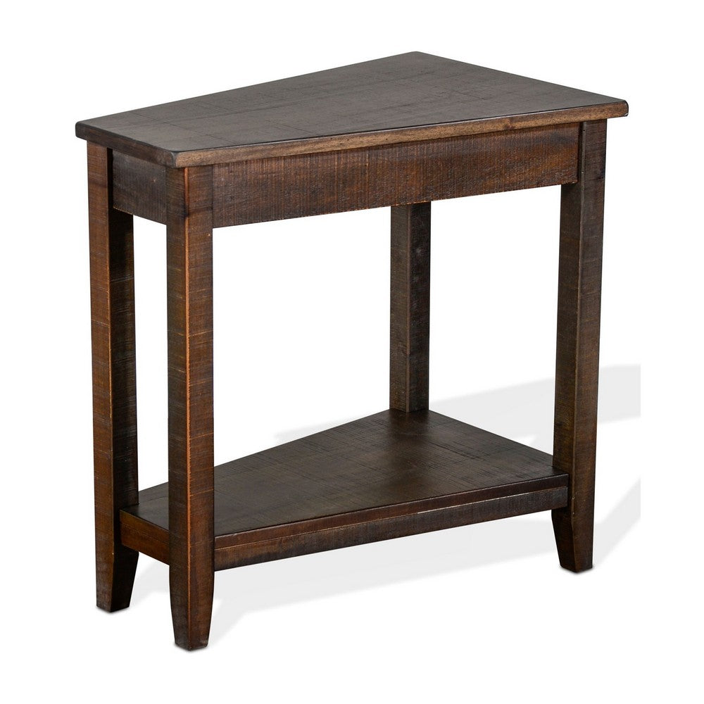 Benjara Flint Chairside Table with Shelf, 24 Inch Angled Dark Brown Mahogany