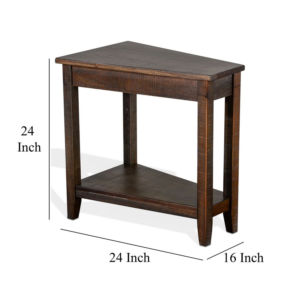 Benjara Flint Chairside Table with Shelf, 24 Inch Angled Dark Brown Mahogany