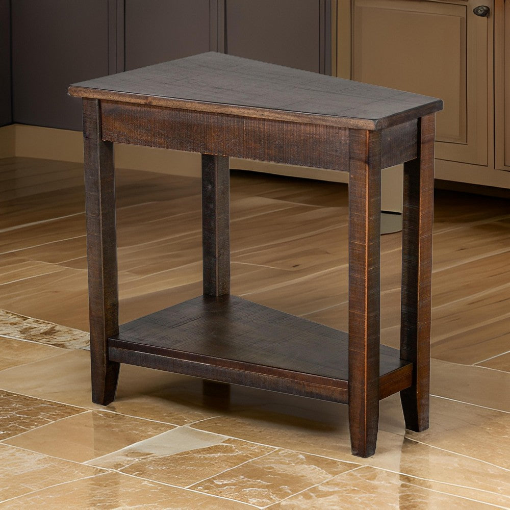 Benjara Flint Chairside Table with Shelf, 24 Inch Angled Dark Brown Mahogany