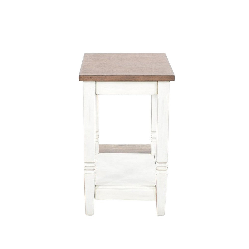 Benjara Dean Accent Side Table w Shelf, 26 Inch Rectangular Brown, White