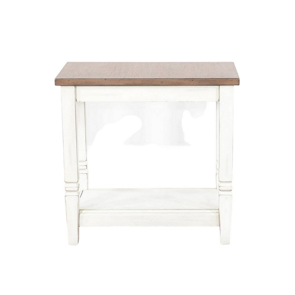 Benjara Dean Accent Side Table w Shelf, 26 Inch Rectangular Brown, White