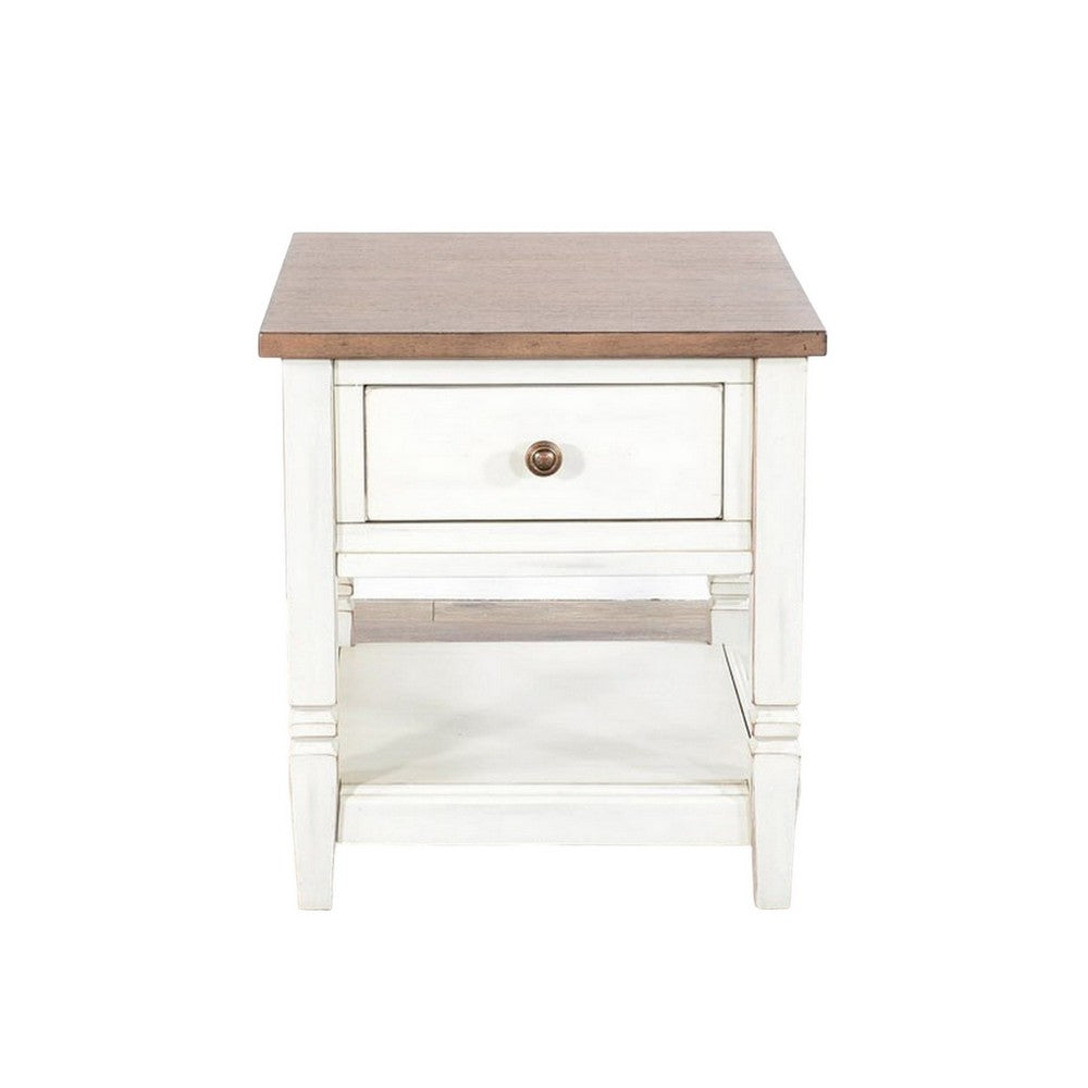 Benjara Dean Side End Table w Shelf, Drawer, 26 Inch Rectangular Brown, White