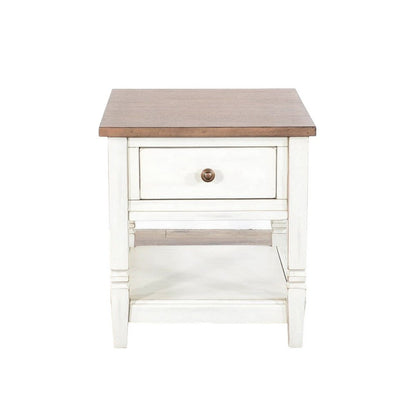 Benjara Dean Side End Table w Shelf, Drawer, 26 Inch Rectangular Brown, White