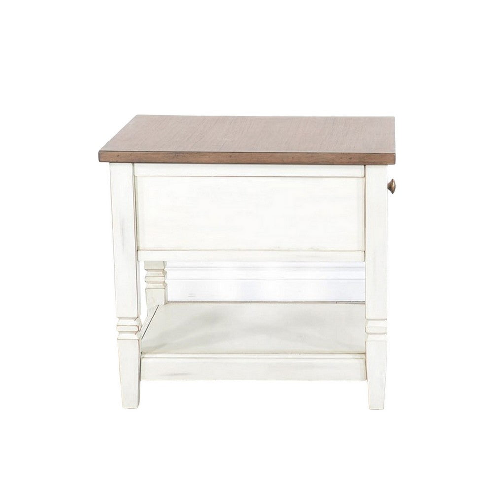 Benjara Dean Side End Table w Shelf, Drawer, 26 Inch Rectangular Brown, White