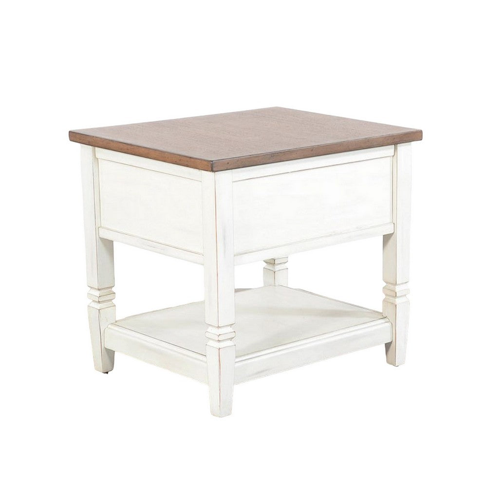 Benjara Dean Side End Table w Shelf, Drawer, 26 Inch Rectangular Brown, White