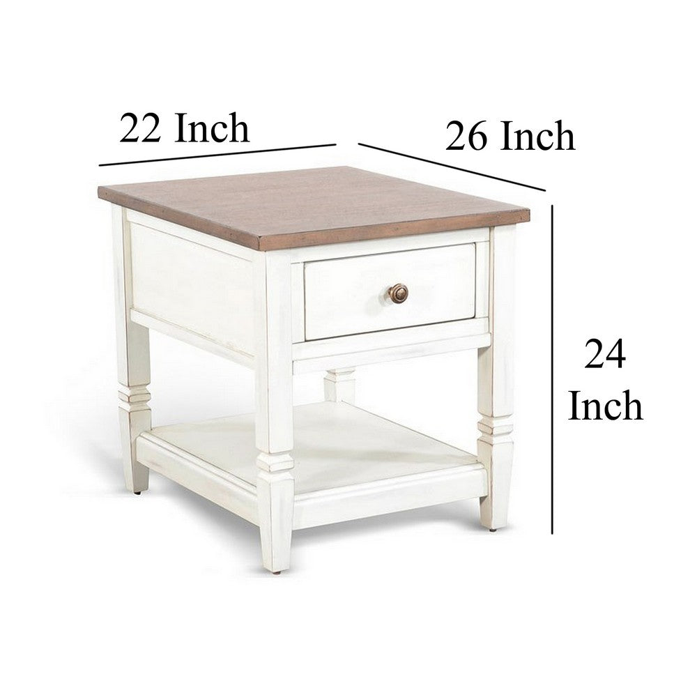 Benjara Dean Side End Table w Shelf, Drawer, 26 Inch Rectangular Brown, White