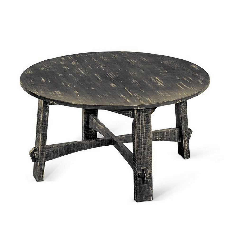 Benjara Rena Coffee Table, 36 Inch Round Top, Distressed Rustic Black Wood