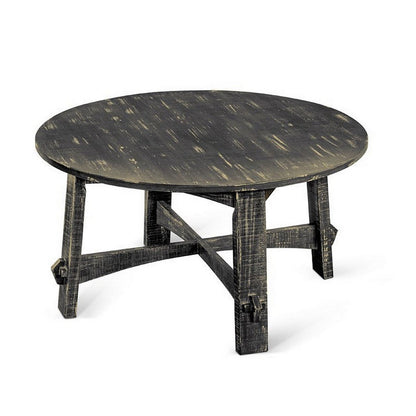 Benjara Rena Coffee Table, 36 Inch Round Top, Distressed Rustic Black Wood