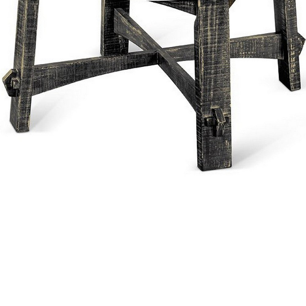 Benjara Rena Coffee Table, 36 Inch Round Top, Distressed Rustic Black Wood