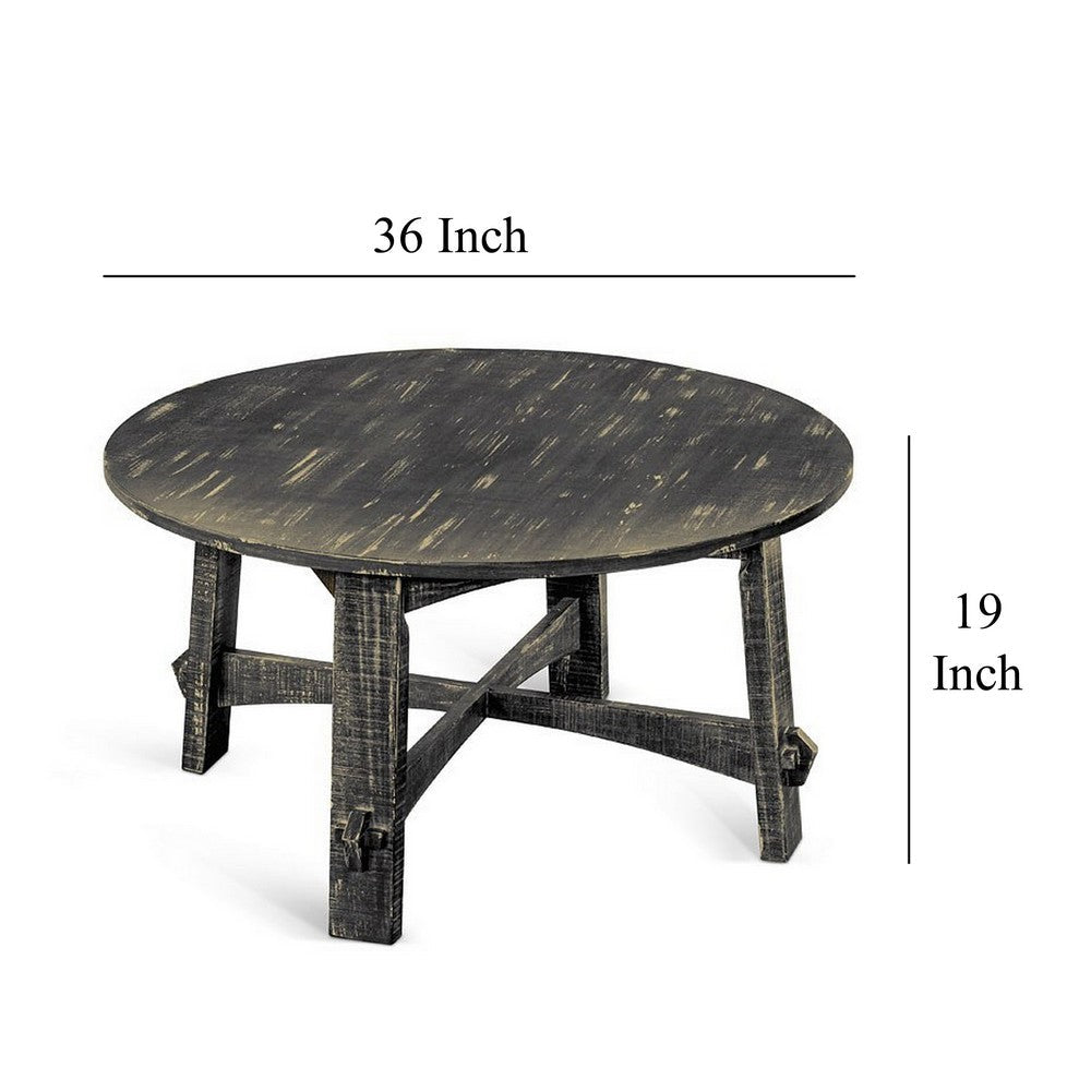 Benjara Rena Coffee Table, 36 Inch Round Top, Distressed Rustic Black Wood