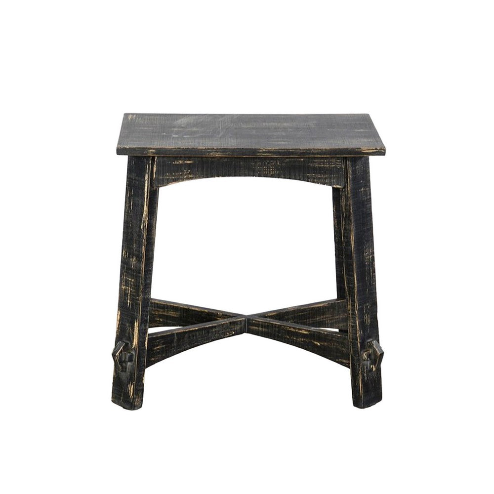 Benjara Rena Accent Chairside Table, X Legs, 24in Distressed Rustic Black Wood