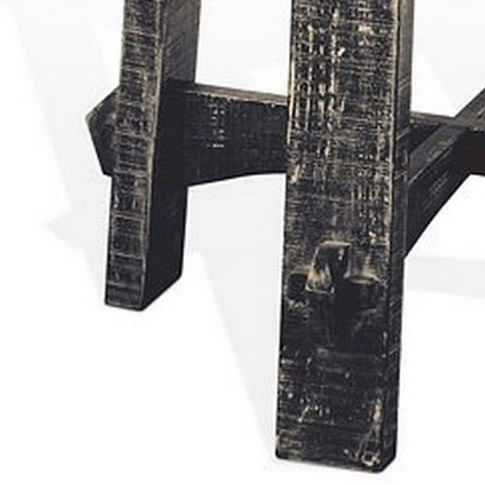Benjara Rena Side End Table, X Legs, 24in Round, Distressed Rustic Black Wood