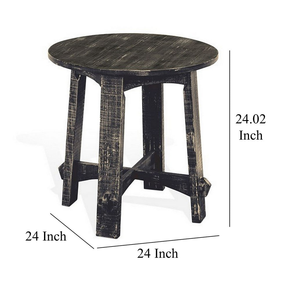 Benjara Rena Side End Table, X Legs, 24in Round, Distressed Rustic Black Wood