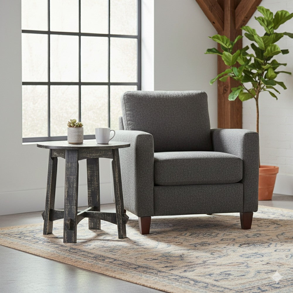 Benjara Rena Side End Table, X Legs, 24in Round, Distressed Rustic Black Wood