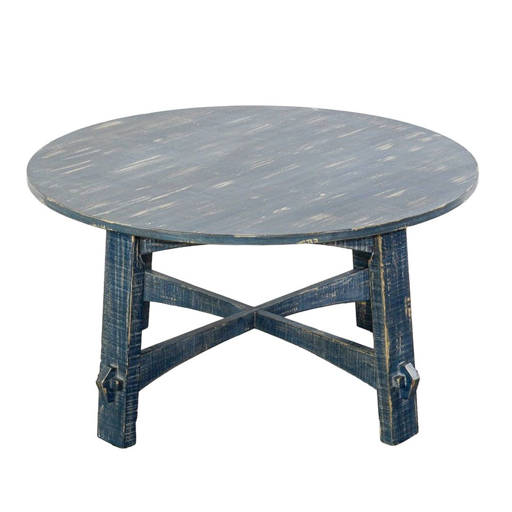 Benjara Rena Rustic Coffee Table, 36 Inch Round Top Distressed Ocean Blue Wood