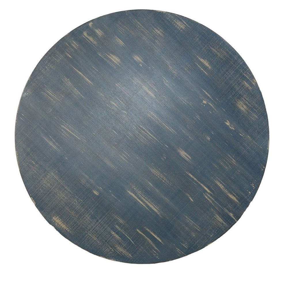 Benjara Rena Rustic Coffee Table, 36 Inch Round Top Distressed Ocean Blue Wood