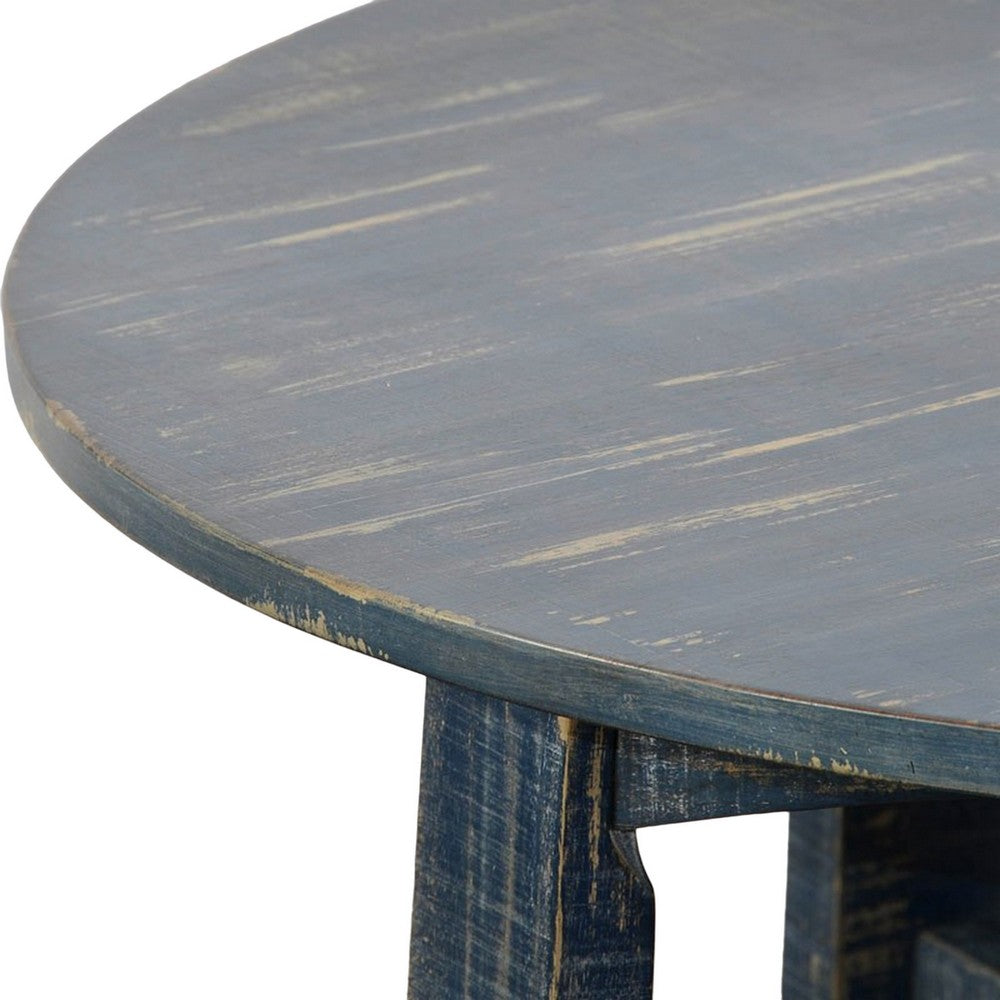 Benjara Rena Rustic Coffee Table, 36 Inch Round Top Distressed Ocean Blue Wood