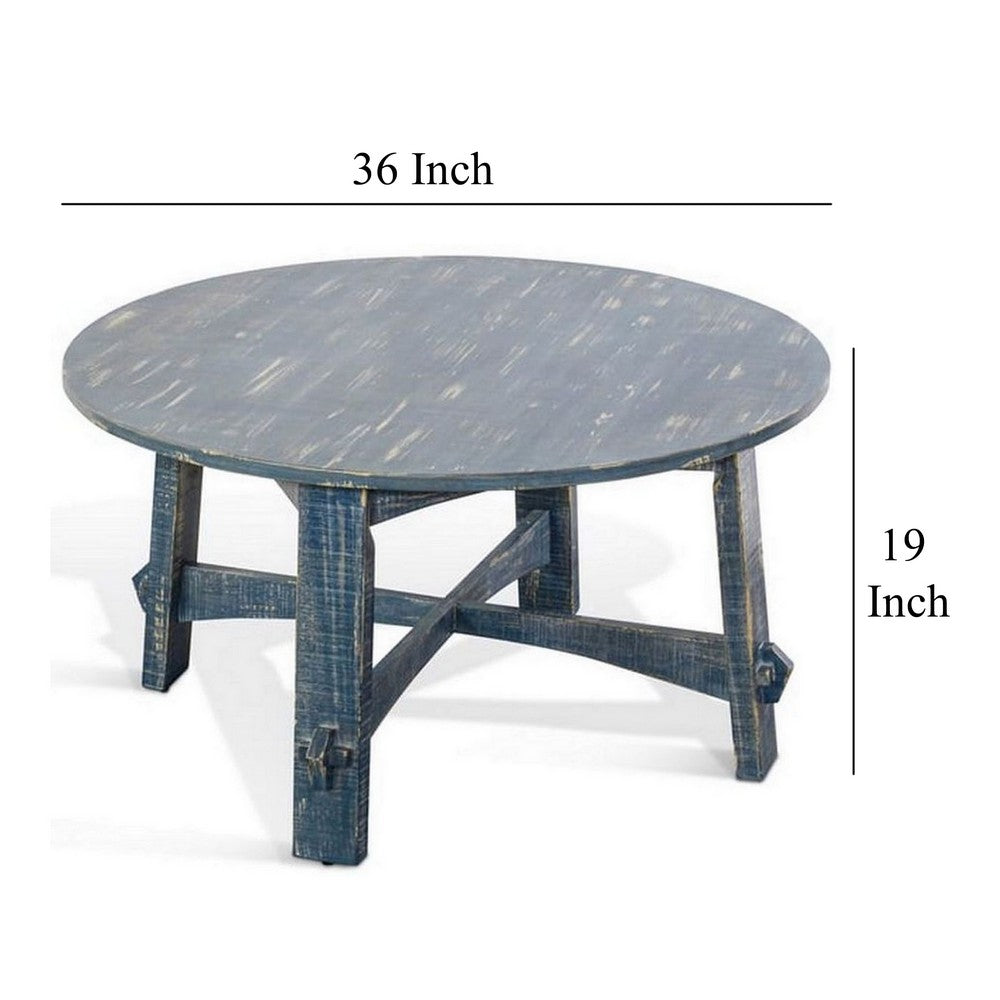 Benjara Rena Rustic Coffee Table, 36 Inch Round Top Distressed Ocean Blue Wood