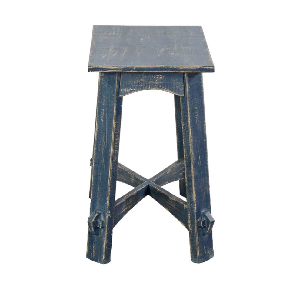 Benjara Rena Rustic Side Table, 24 Inch Rectangular Distressed Ocean Blue Wood