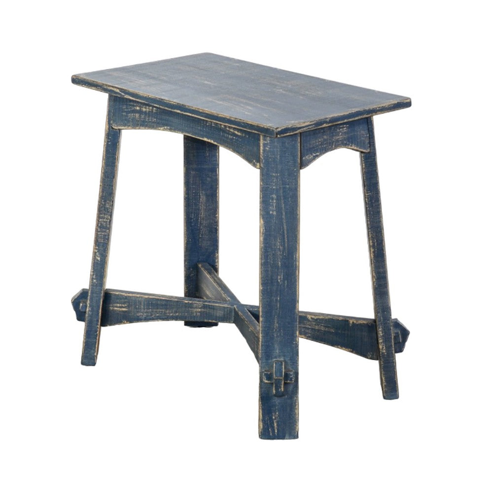 Benjara Rena Rustic Side Table, 24 Inch Rectangular Distressed Ocean Blue Wood