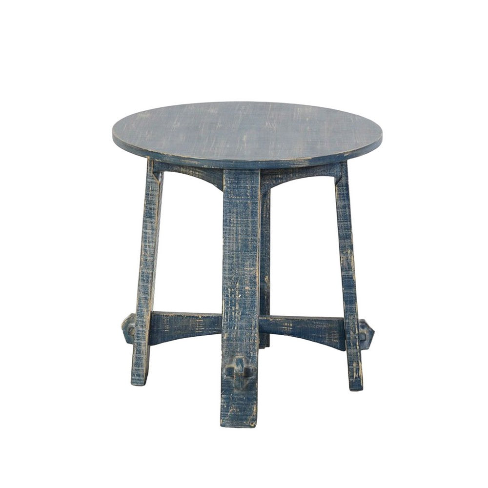 Benjara Rena Side End Table, 24 Inch Round Top, Rustic Distressed Blue Wood