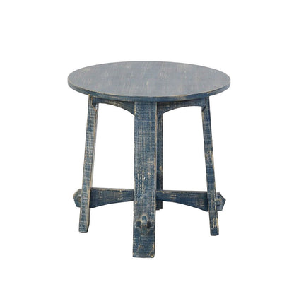 Benjara Rena Side End Table, 24 Inch Round Top, Rustic Distressed Blue Wood