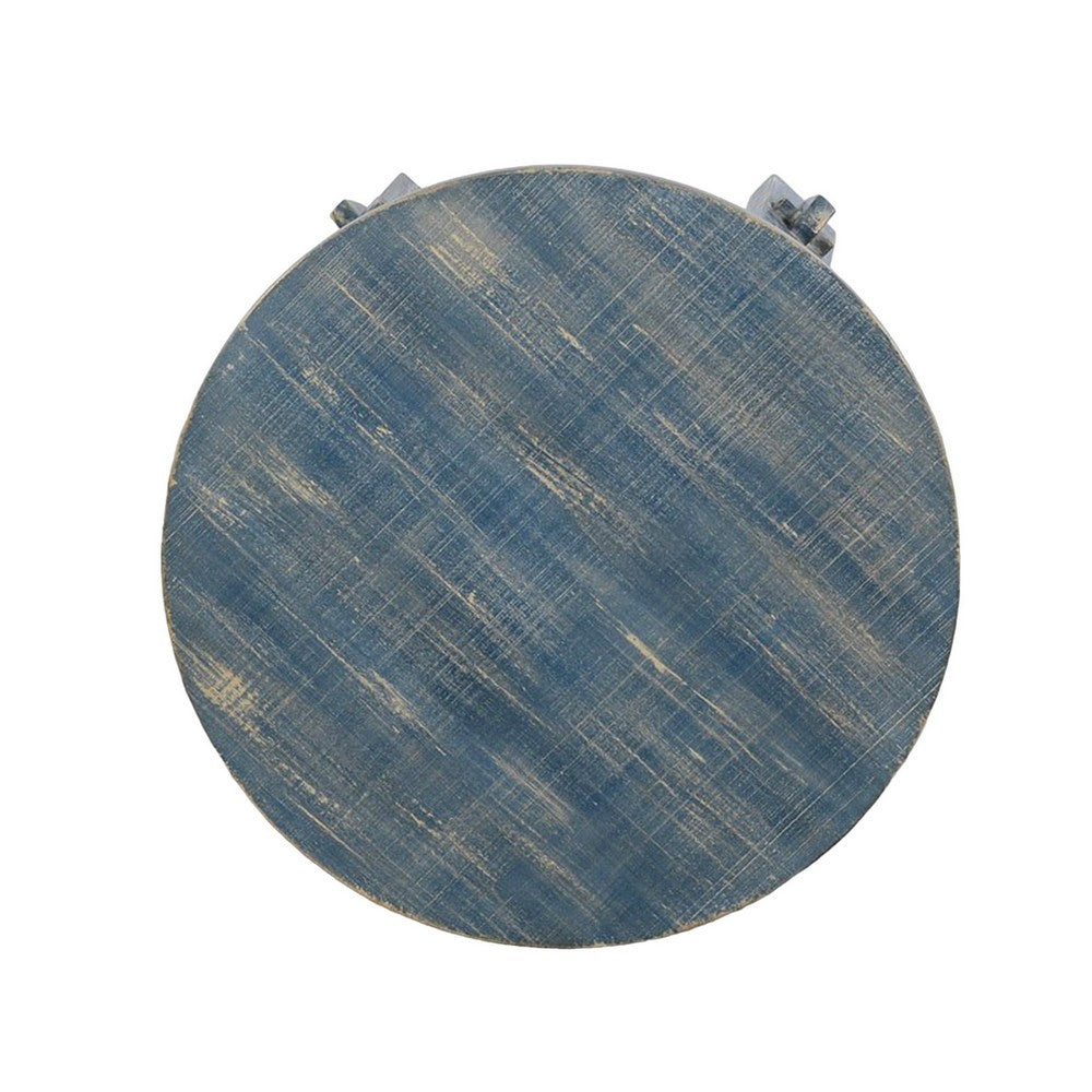 Benjara Rena Side End Table, 24 Inch Round Top, Rustic Distressed Blue Wood