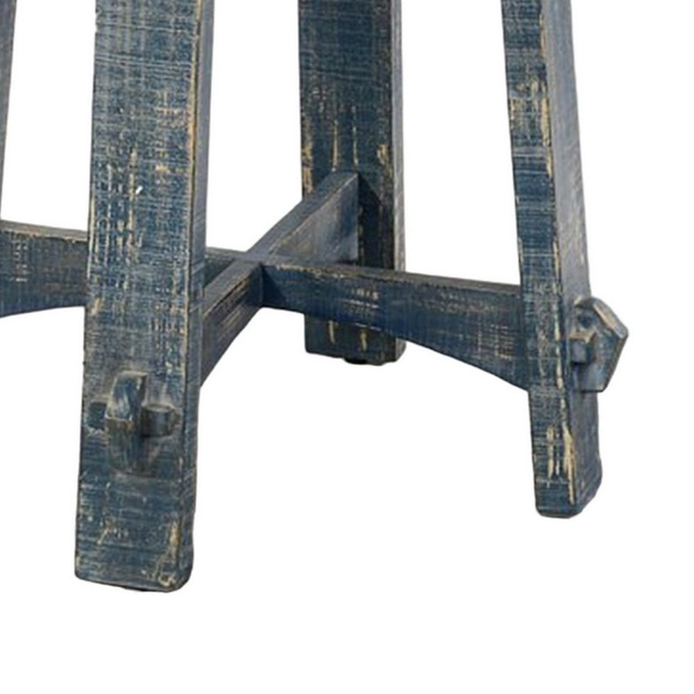 Benjara Rena Side End Table, 24 Inch Round Top, Rustic Distressed Blue Wood